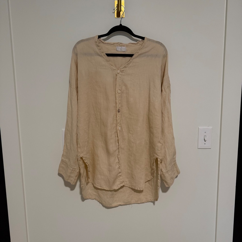 Zoye Chen Beige Linen Button Down Tunic Shirt Womens Medium Oversized V-Neck